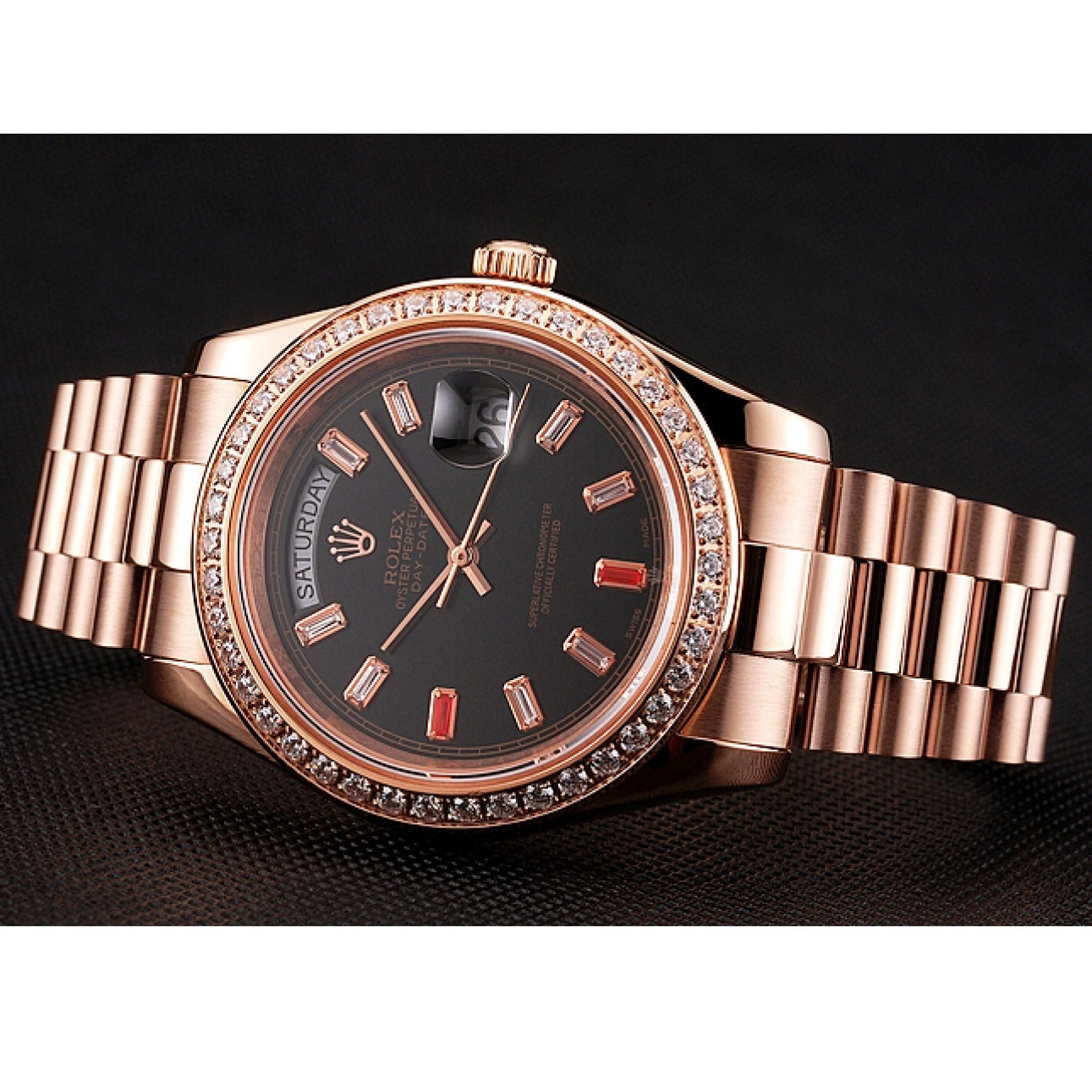 Aaa replica Diamonds Rolex Gold Dial 1454102 Bracelet And Rose Black Day-Date Rubies Swiss 0528